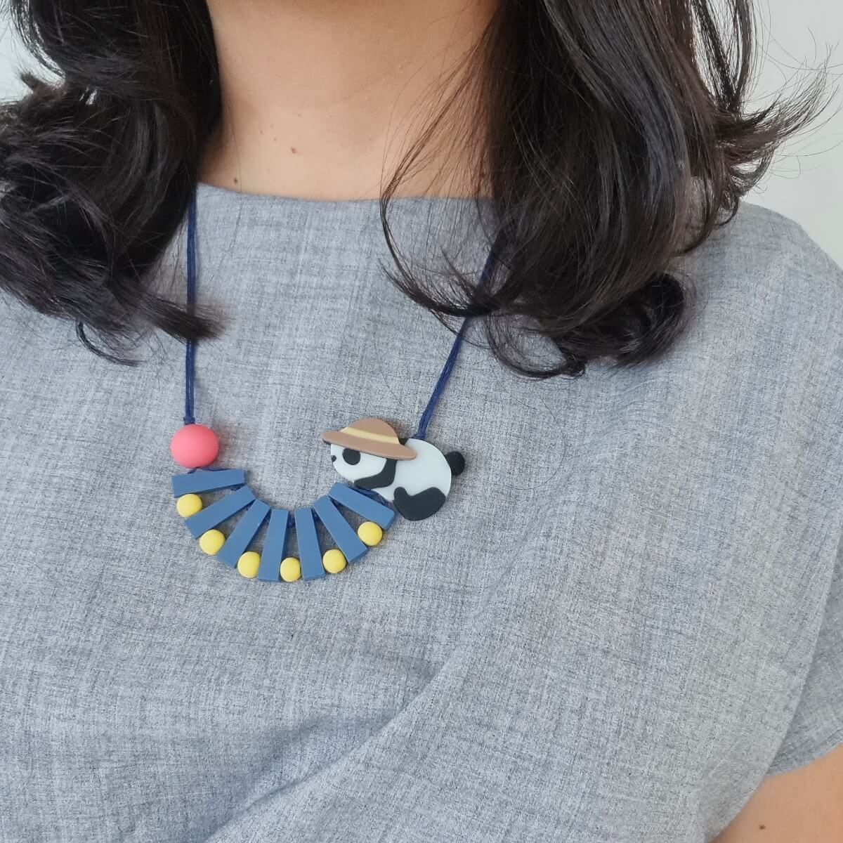 Panda Straw Hat Navy Necklace